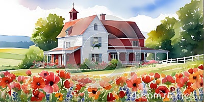 red hill style, countryside, watercolor illustration Cartoon Illustration