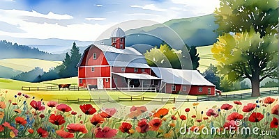 red hill style, countryside, watercolor illustration Cartoon Illustration