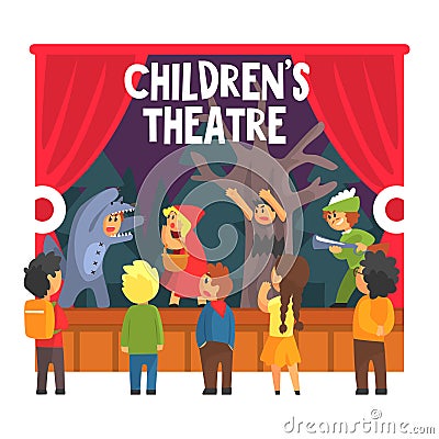 Red Hood Fairy-tale Show Scene With Wolf And Hunter Performed By Kids In Amateur Theatre With Other Pupils Watching Vector Illustration