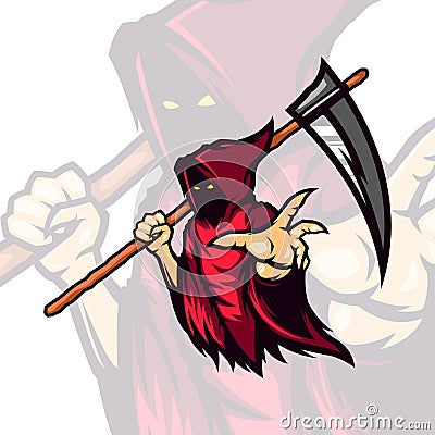 Red hooded deadly grimm reaper holding scythe vector mascot Vector Illustration