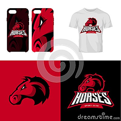 Red horse head sport club isolated vector logo concept. Vector Illustration