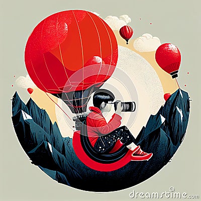 Red Hot Air Balloon Chinese Spying Camera Long Lens Photographer Political Cartoon Generative AI Cartoon Illustration