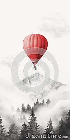 Monochromatic Minimalist Air Balloon Drawing In The Clouds And Mountains Cartoon Illustration