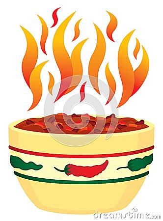 Red hot chili in bowl with fla Vector Illustration