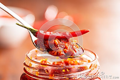 Red hot chili paste and chili pepper Stock Photo