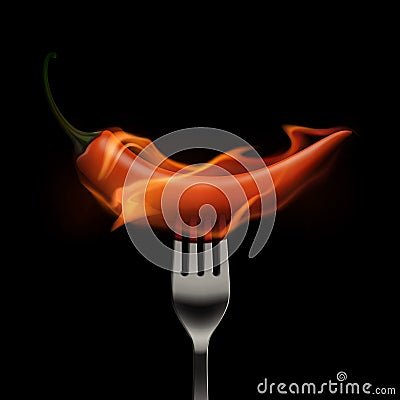 Red Hot Chili Pepper on Fire and Flame on a Fork Isolated on White Background Vector Illustration