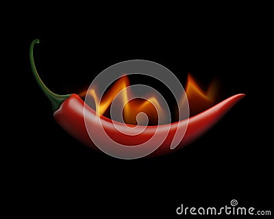 Red Hot Chili Pepper on Fire and Flame Isolated on White Background Vector Illustration