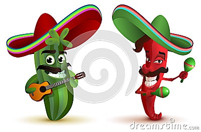 Red hot chili peppers and cactus in Mexican hat sombrero dancing maracas Vector Illustration