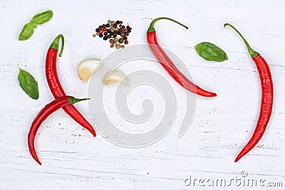 Red hot chili peppers chilli cooking ingredients background top Stock Photo