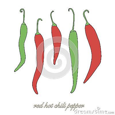 Red hot chili peppers hand drawn red and green sketch Vector Illustration