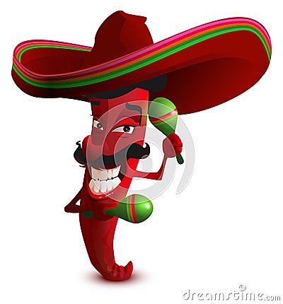Red hot chili peppers in Mexican hat sombrero dancing maracas Vector Illustration