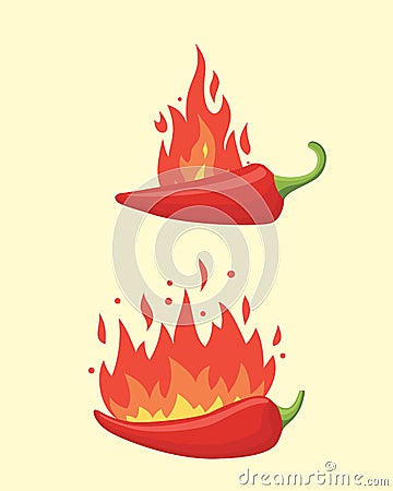 Red hot flamed pepper vector set. Chilli fire peppers in cartoon style. Vector Illustration