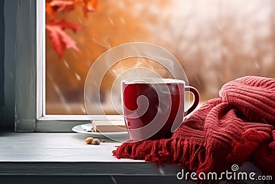 Red hot mug scarf window. Generate Ai Stock Photo