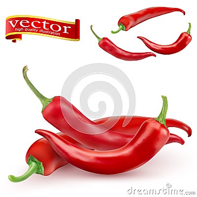 Red hot natural chili pepper pod realistic image with shadow vector illustration. Vector Illustration