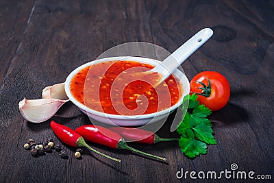 Red hot sweet chilli sauce Stock Photo