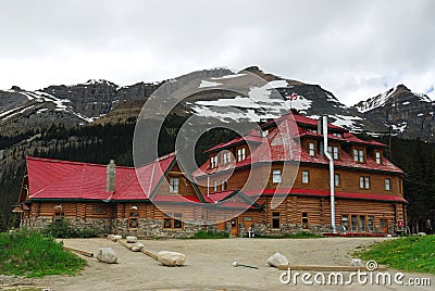 Red house in bow lake Stock Photo