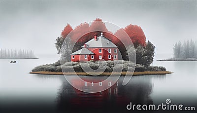 Red House An Island on a Forest Lake With Fogy Sky of Landscape Background AI Generative Stock Photo