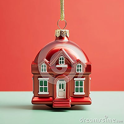 red house-shaped christmas ball, AI generated Stock Photo