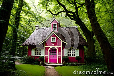 A red house with a thatched roof in the woods. Stock Photo