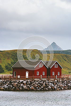 Red houses in Norway scandinavian landscape traditional wooden architecture Stock Photo