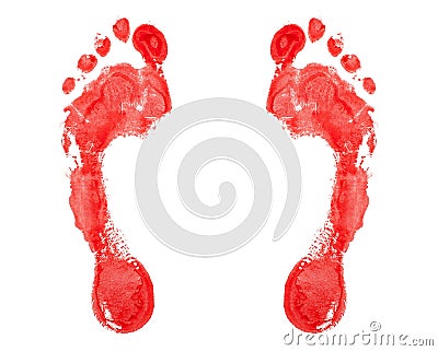 Red human footprint white background isolated closeup, bloody foot print pattern, barefoot footstep silhouette illustration, feet Cartoon Illustration