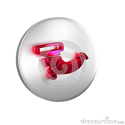 Red Hunting horn icon isolated on transparent background. Silver circle button. Stock Photo