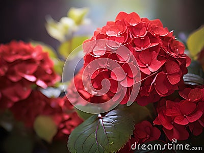 Red Hydrangea macrophylla flower in garden, stock photo Stock Photo