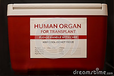 Red ice chest with label stating Human Organ for Transplant Editorial Stock Photo