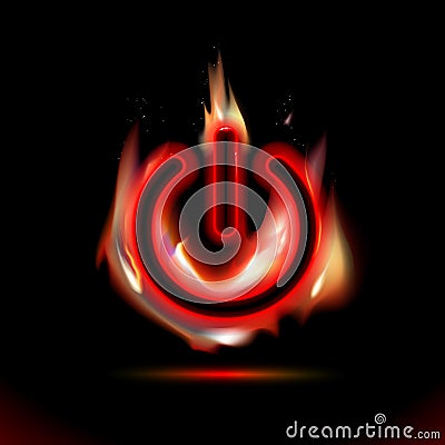 Red icon, Burning Fire On-Off switch icon, button sign start, power symbol, flames with Sparks effect. Modern ui fiery Heat. Vector Illustration