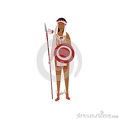 Red Indian guy holds spear and shield. Vector illustration. Vector Illustration