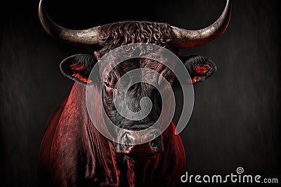 Red irate bull. Generative AI Stock Photo