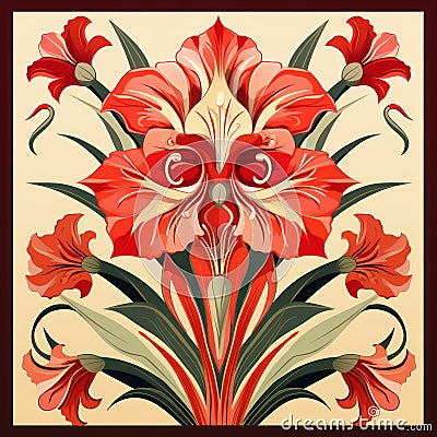 Red Iris Flower And Leaves Design: Art Nouveau Inspired Decorative Element Stock Photo