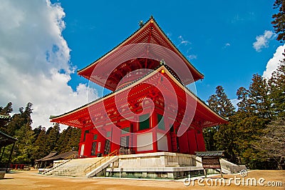 Red Japanese Temple in Koya san Japan Stock Photo