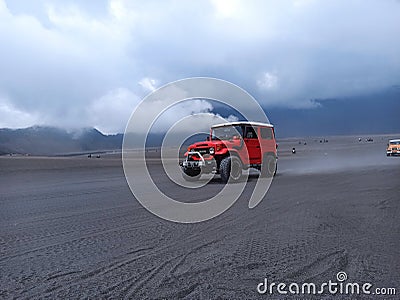 Red jeep in bromo mountain Editorial Stock Photo