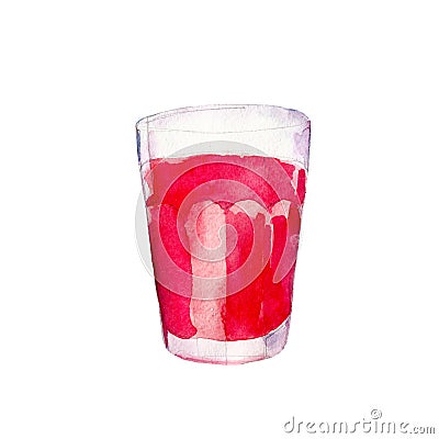 Red juice in glass, watercolor illustration isolated on white. Cartoon Illustration