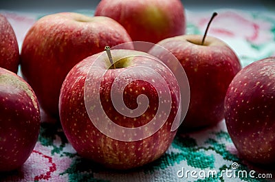 Red apples on the background of a towel Stock Photo