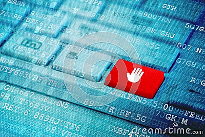 Red key with stop palm icon symbol on blue digital laptop keyboard Stock Photo