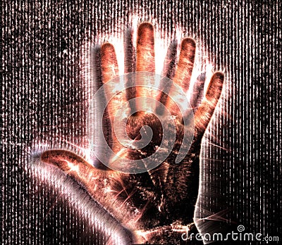 Red kirlian aura photography of a glowing human female hand showing different symbols and show of hands Stock Photo