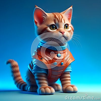 Red kitten in leather suit on blue background Stock Photo