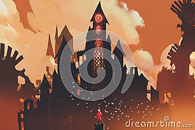 Red knight standing in front of fantasy castle Cartoon Illustration