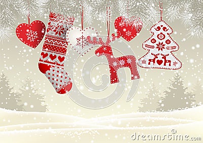 Red knitted christmas stocking with some scandinavian traditional decorations hanging on branches in front of simple Vector Illustration