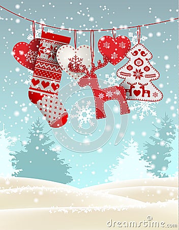 Red knitted christmas stocking with some scandinavian traditional decorations hanging in front of simple winter Vector Illustration