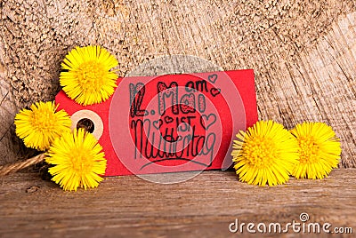 Red Label, Dandelion, Calligraphy Muttertag Means Happy Mothers Day Stock Photo