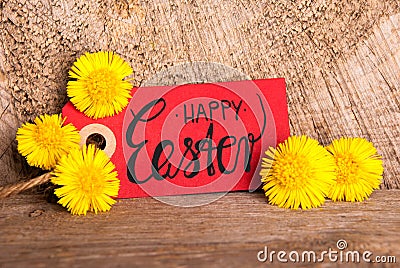 Red Label, Dandelion, English Calligraphy Happy Easter Stock Photo