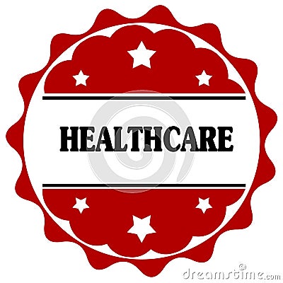 Red label with HEALTHCARE text. Stock Photo