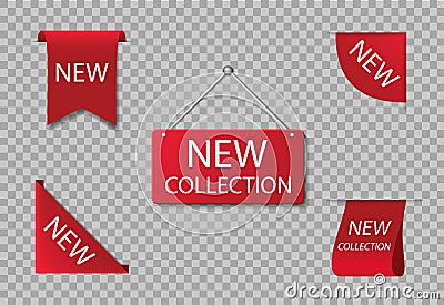 Red label of new collection. Badge of novelty arrival product in store. Exclusive accent ribbon for sale price. Promo icon for Vector Illustration