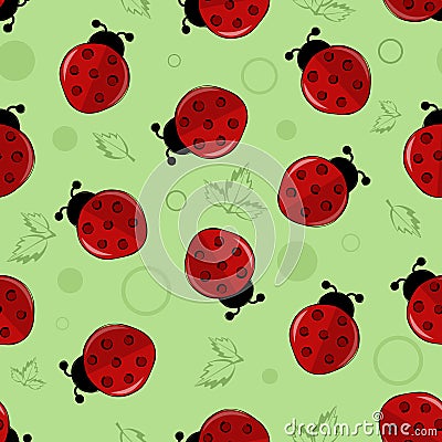 Red ladybugs, ladybirds with green leaves vector seamless background Vector Illustration