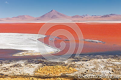 Red Lagoon Red Lake there are many colors, red, yellow, blue, white, Eduardo Avaroa andean fauna National Reserve, Bolivia Stock Photo