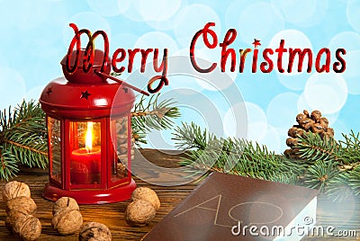 Red Lanter and Writing Marry Christmas Stock Photo