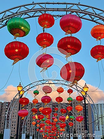 Red Lanterns at Lek Yuen Bridge at Sha Tin New Territories Hong Kong Editorial Stock Photo
